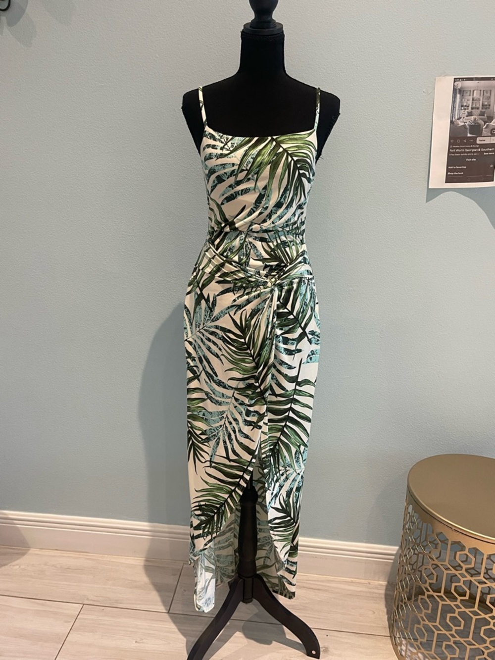 Haute Monde Palm-Print Tie-Waist Maxi Dress in Green and Cream
